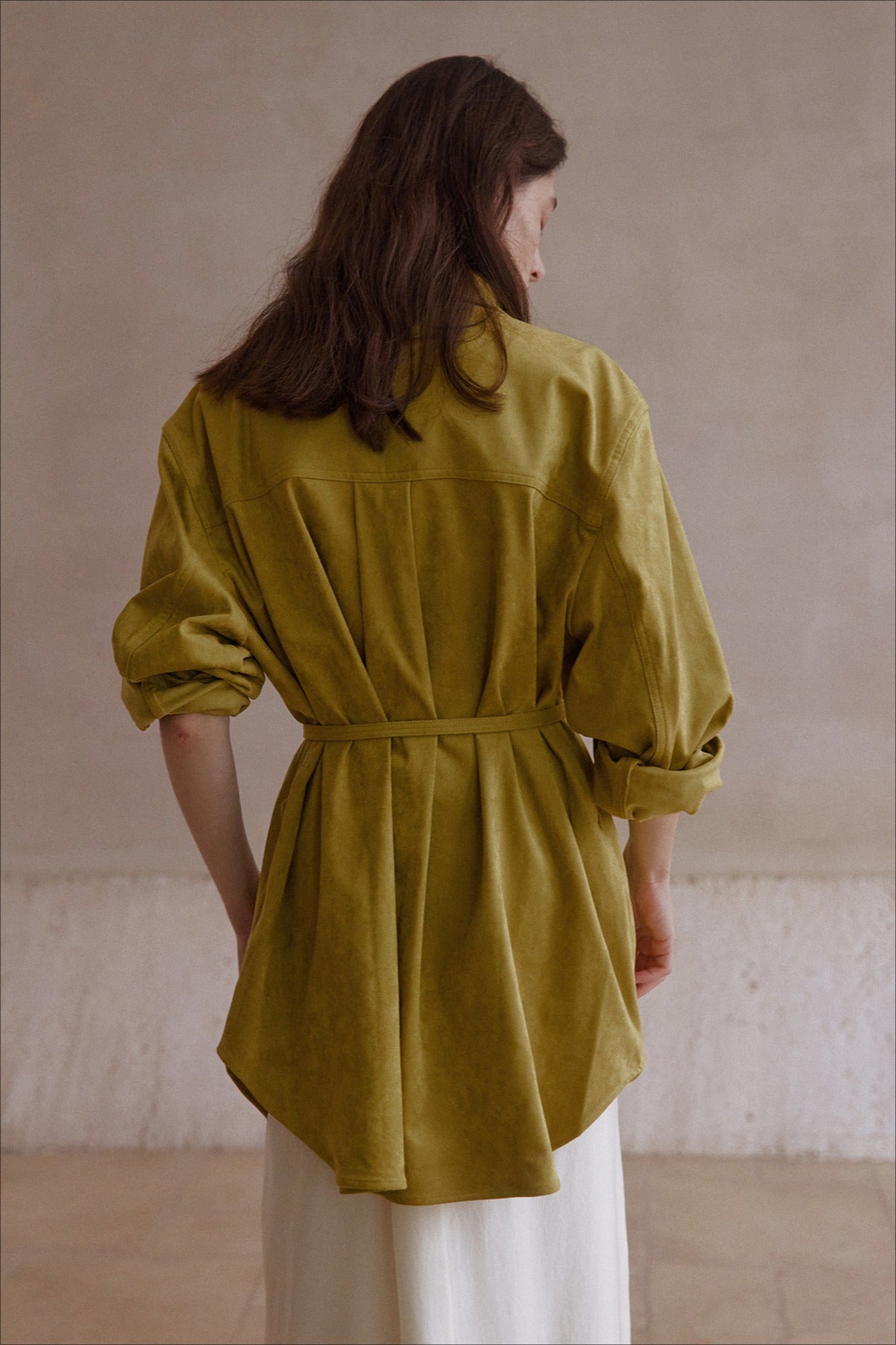 Elastic mid-length suede feel drawstring waist shirt-jacket | 3 color