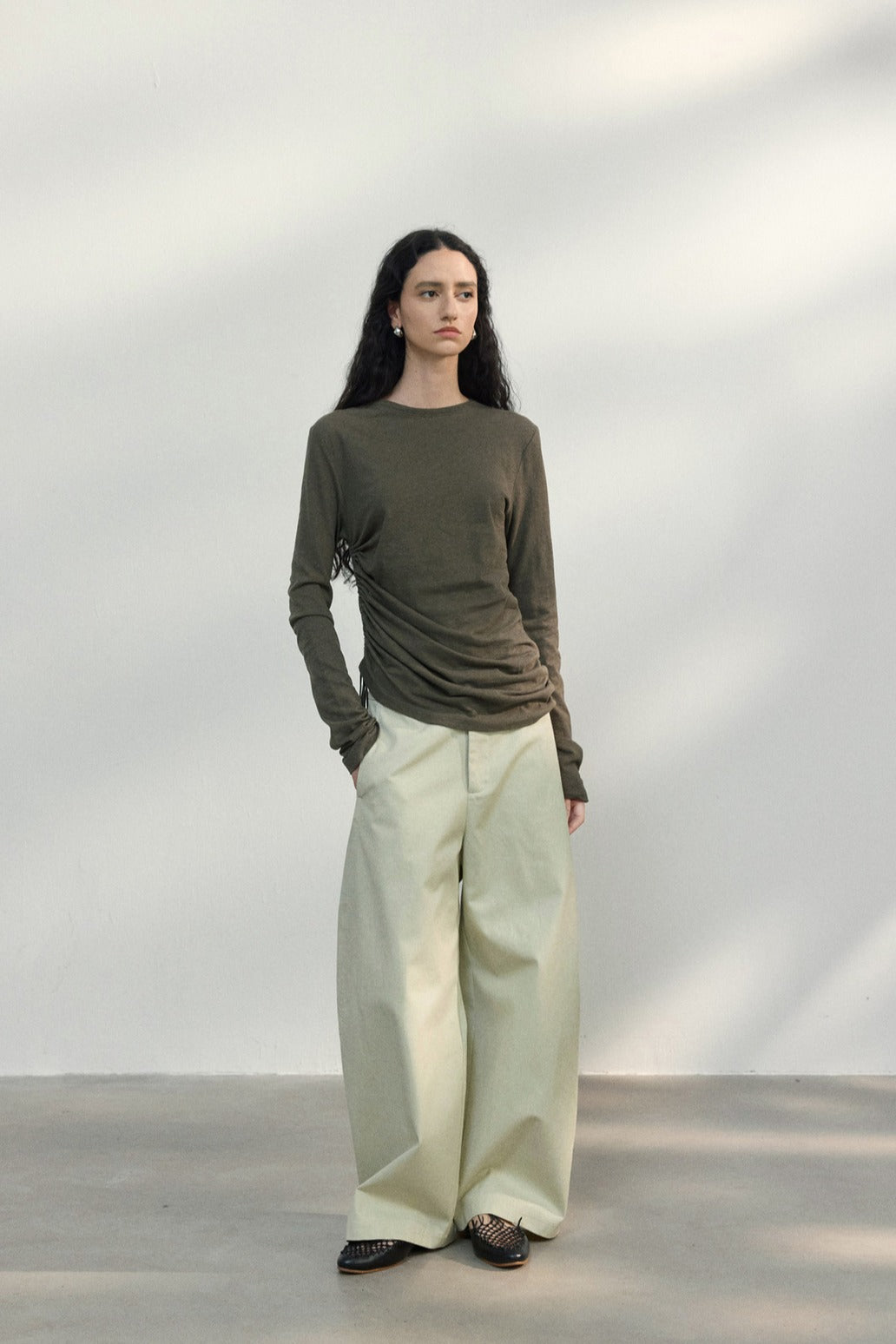 Linen-cotton asymmetric pleated knit top | 5 color