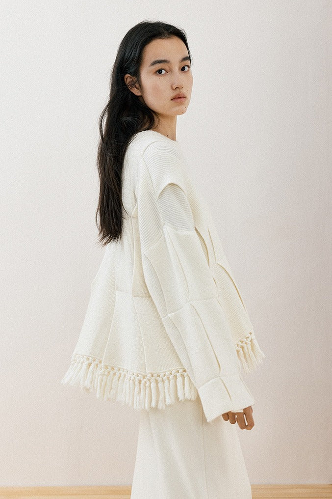 Cotton blend wool layered pattern fringed sweater | 4 color