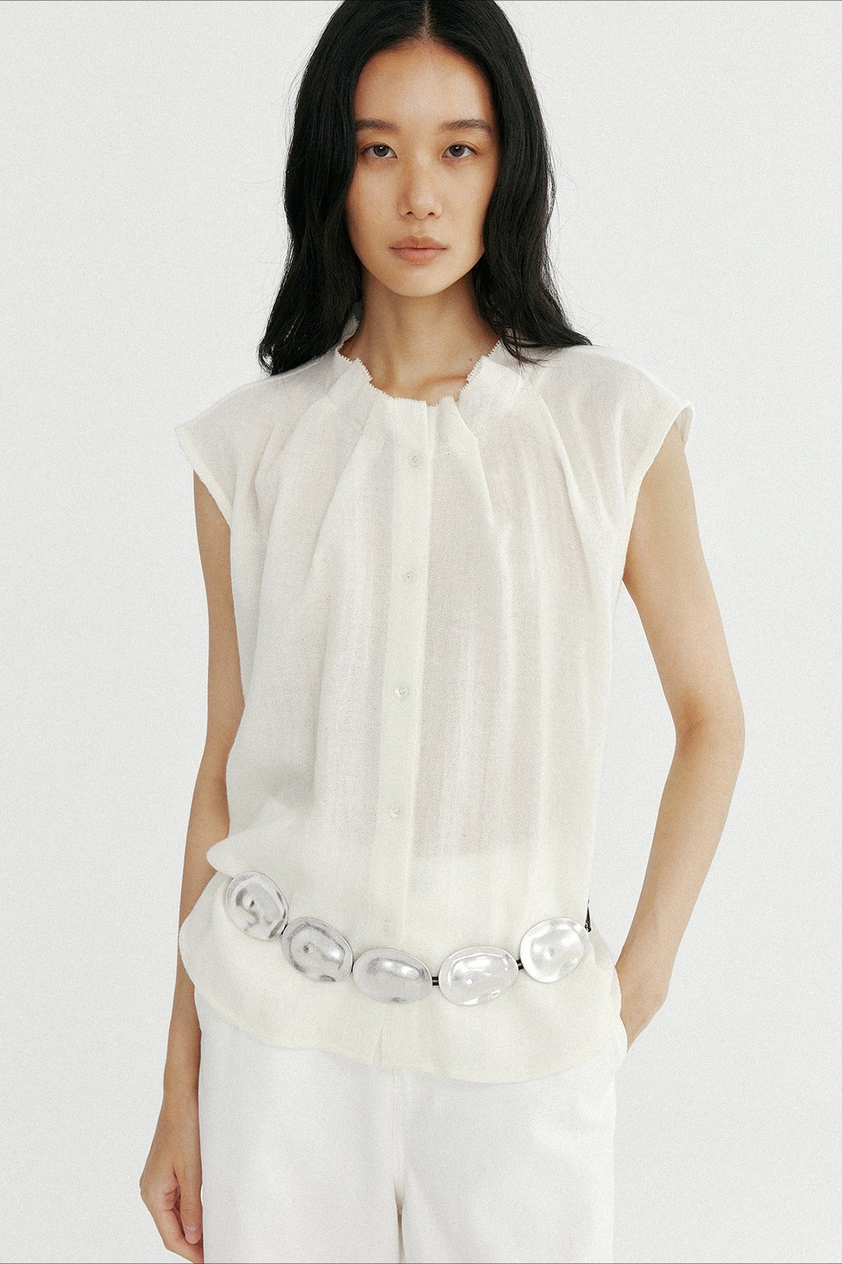 Woolen pleated collar petite fly sleeve sheer top
