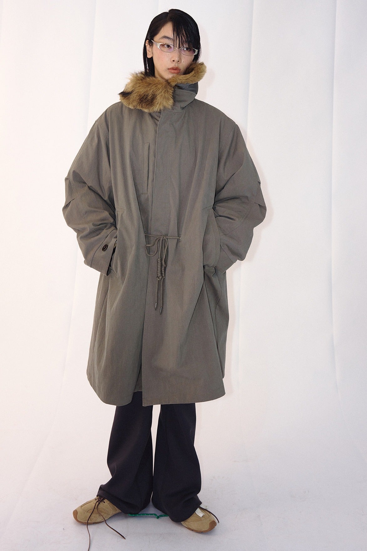 Cotton blend detachable faux fur collar padding parka coat | 2 color