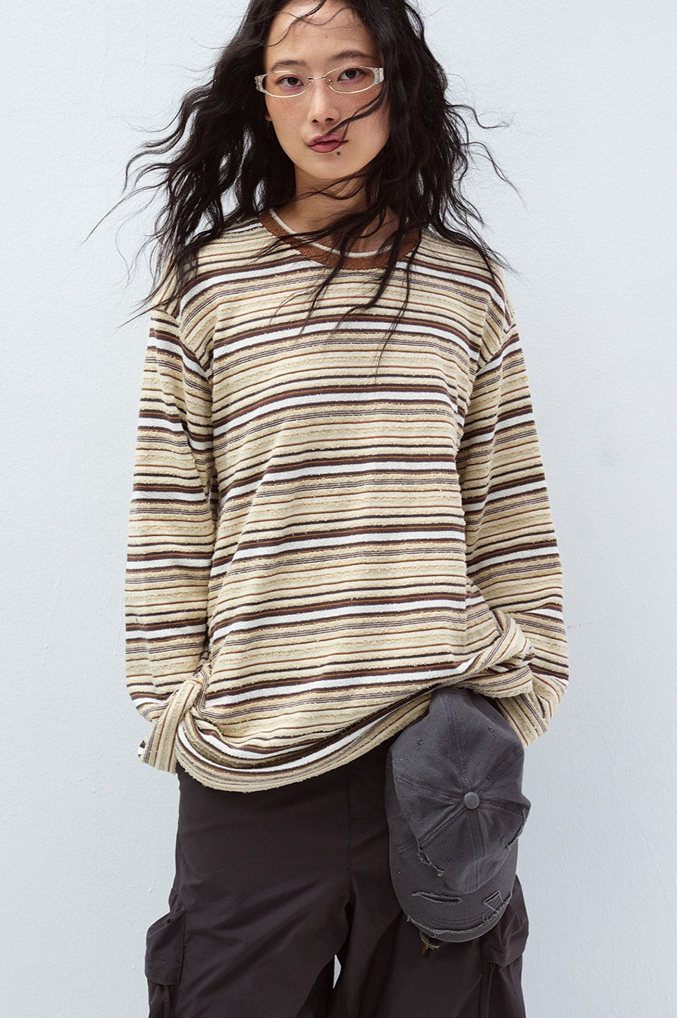 Cotton blend velvet-texture striped T-shirt | 5 color