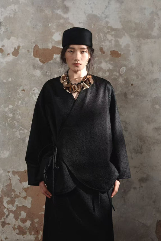 Crackle-glaze texture slant opening wrap jacket | 2 color