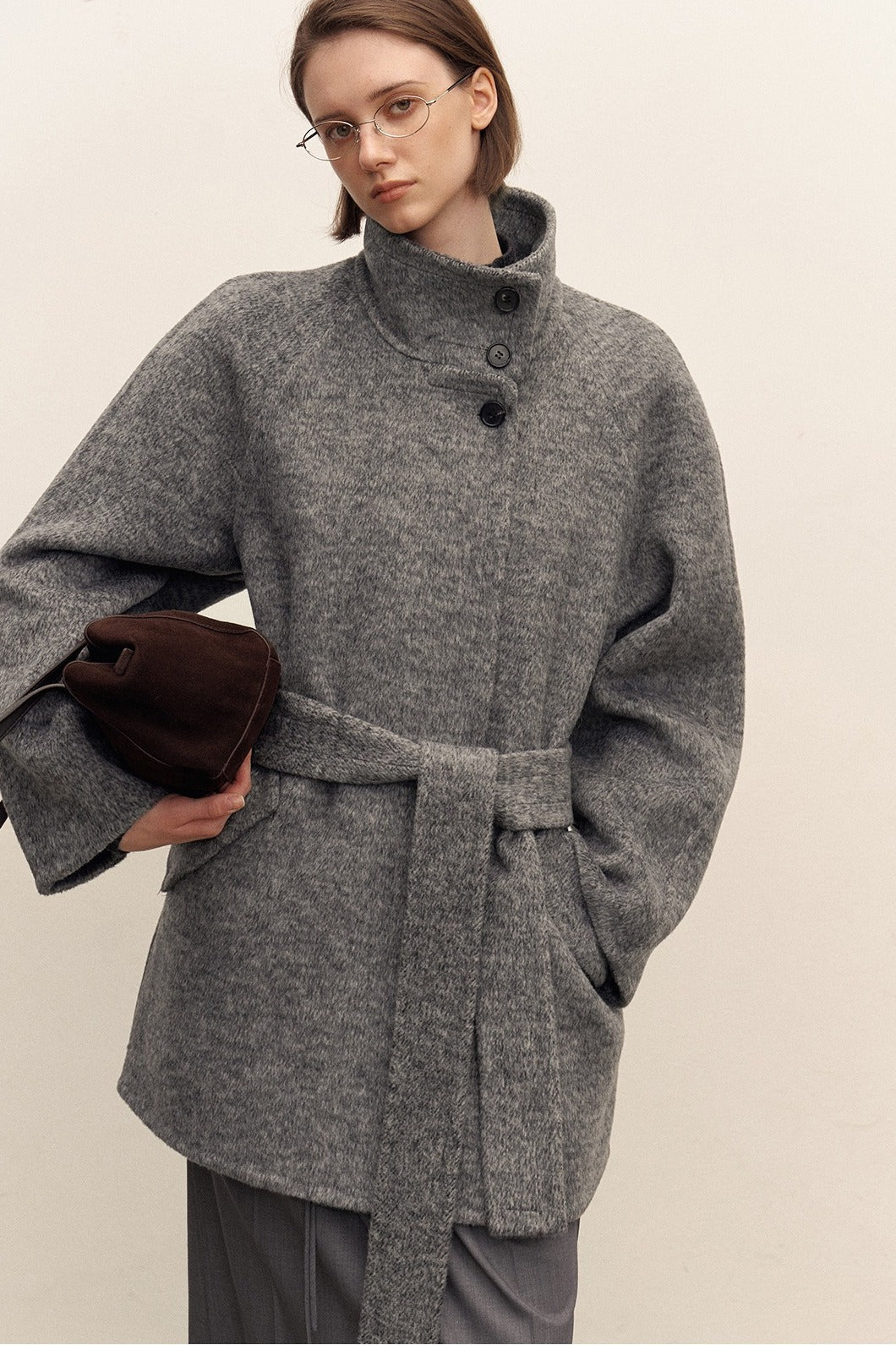 Wool blend mid-length stand-collar coat | 2 color