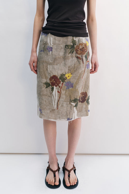 100% linen print rat edge straight skirt | 2 color