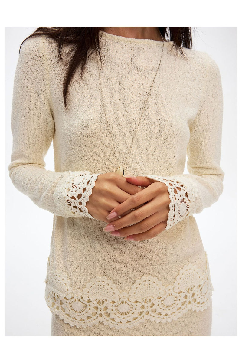 Crochet lace-panel knit pullover