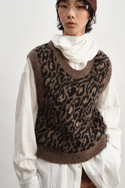 Alpaca blend retro leopard vest | 2 color