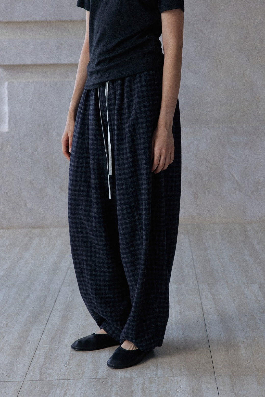 Wool blend check pattern loose structure pants | 2 color