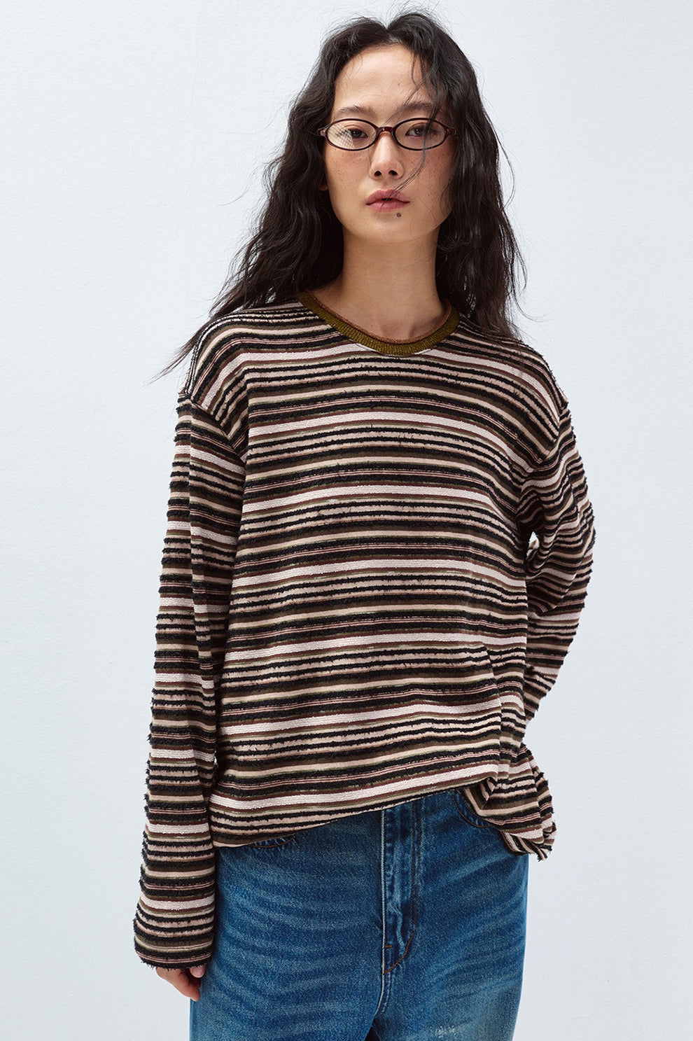 Cotton blend velvet-texture striped T-shirt | 5 color