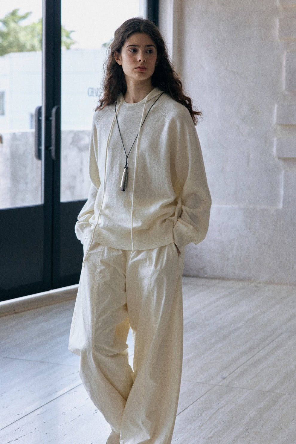 Washed water cotton textured surface fleece inside pants