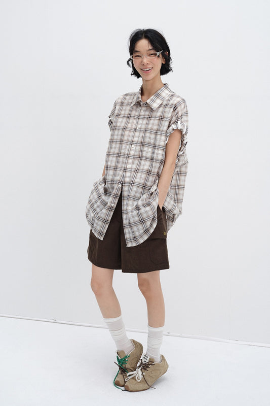 Cotton blend rolled-up sleeves check pattern shirt | 3 color