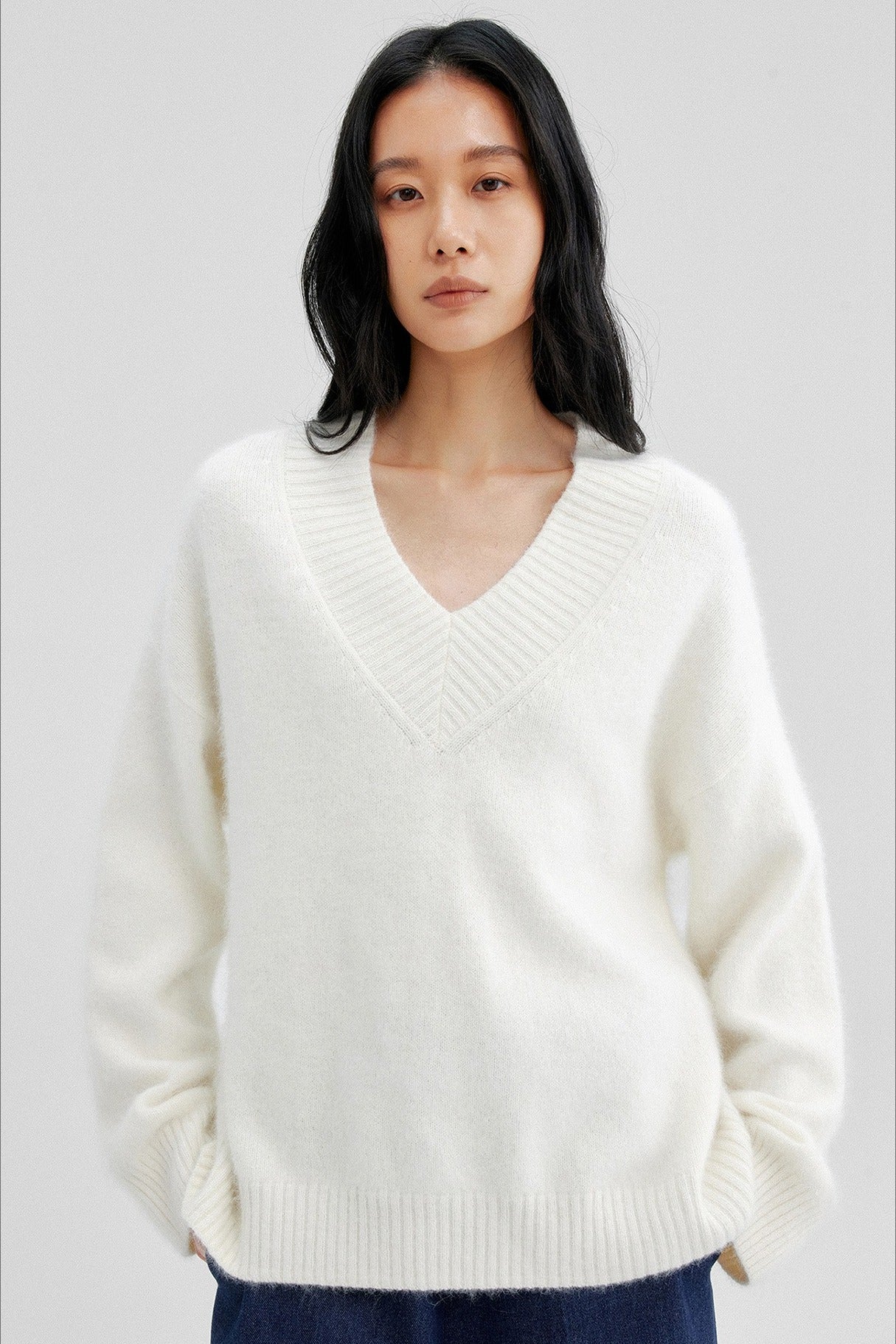 Wool blend soft long hair loose-fit V-neck sweater | 3 color