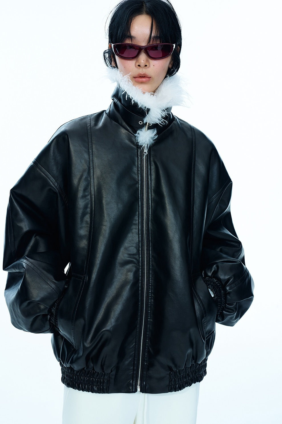 Relaxed-fit cozy collar trendy PU jacket | 2 color