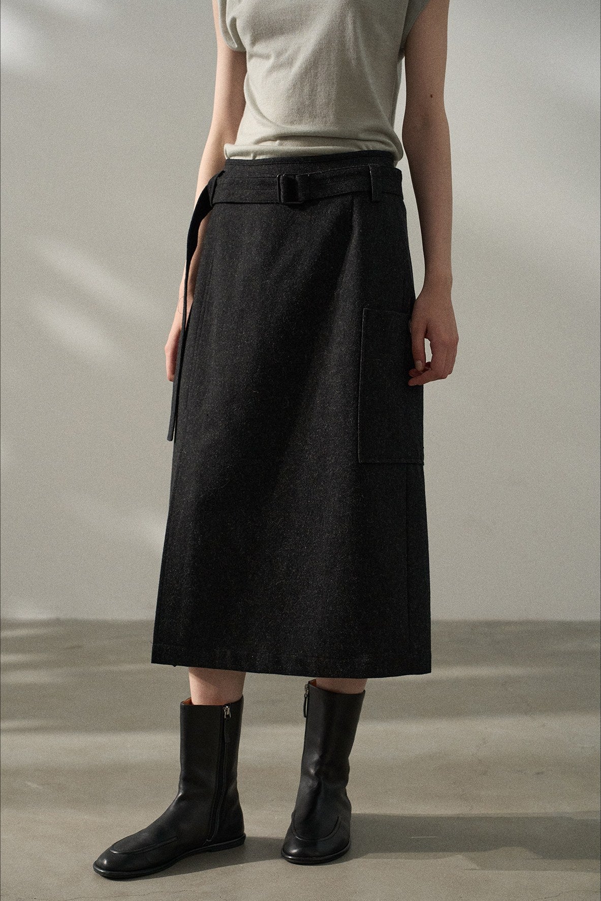 Wool blend mid-length skirt with a belt | 3 color