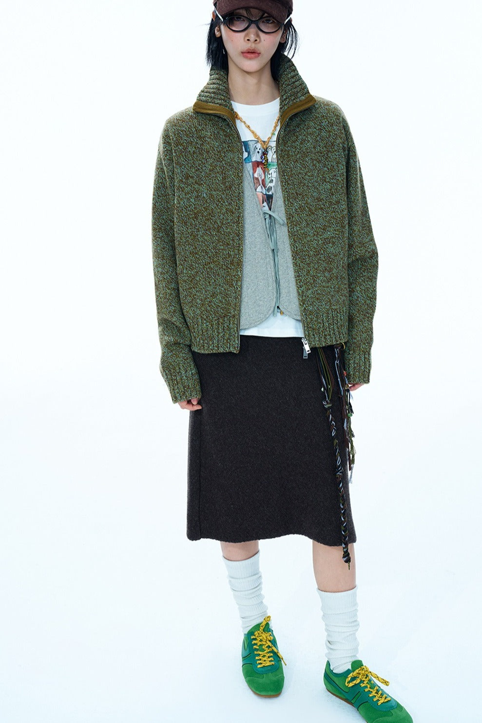 100% wool high-neck dual zipper mixed color sweater | 3 color