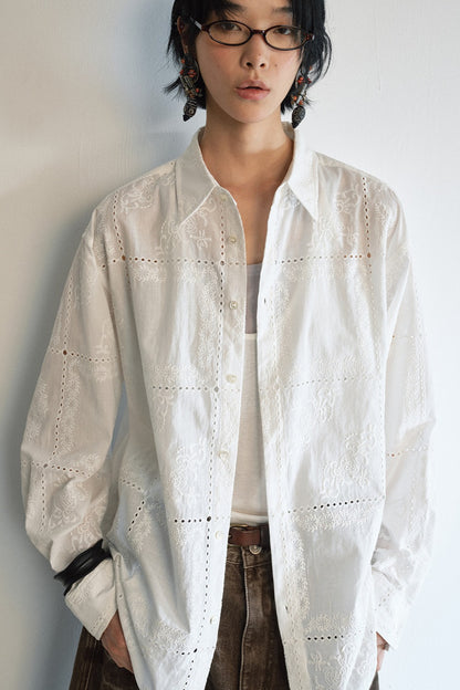 100% cotton cutout intricate embroidery shirt | 2 color