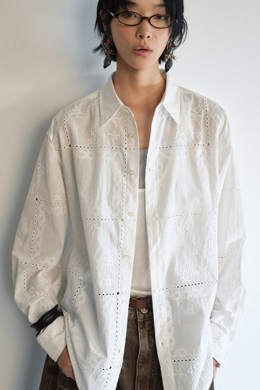 100% cotton cutout intricate embroidery shirt | 2 color