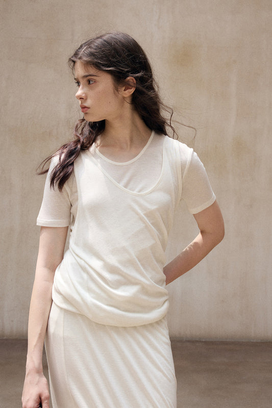 Wool blend twisted hem fake two T-shirt top | 2 color