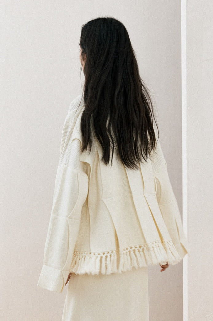 Cotton blend wool layered pattern fringed sweater | 4 color