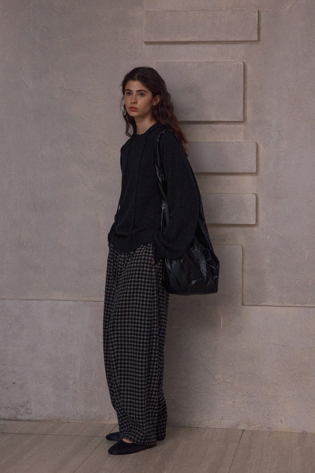 Wool blend check pattern loose structure pants | 2 color