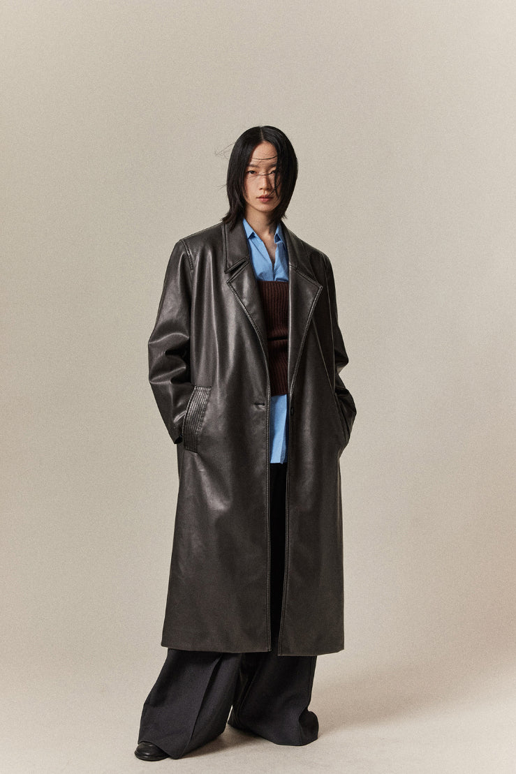 PU retro lapel trench coat | 2 color