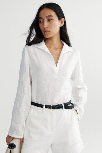 Hemp clean fit half-placket V-neck shirt | 2 color