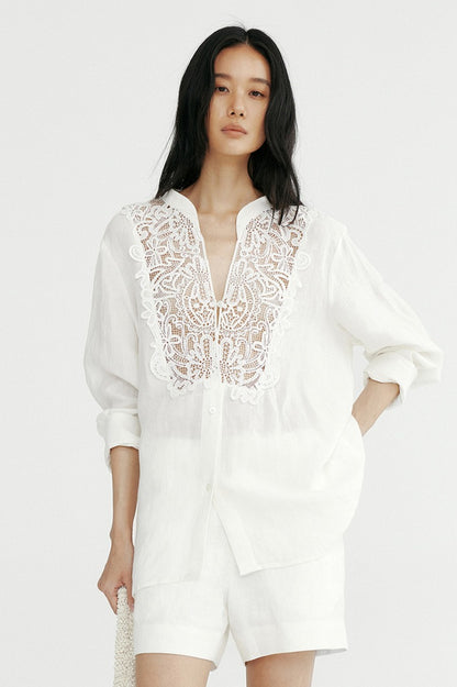 Sheer lace meets airy linen V-neck loose shirt