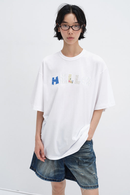 Cotton loose t-shirt with embroidered patches | 3 color