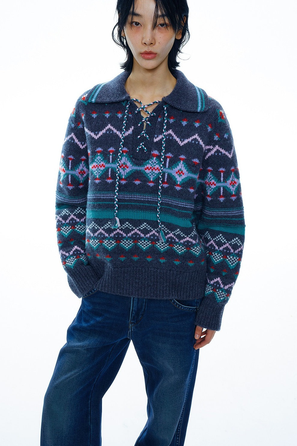 Wool retro style tie-neck collar sweater | 2 color