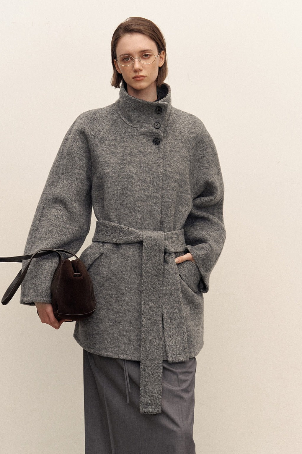 Wool blend mid-length stand-collar coat | 2 color