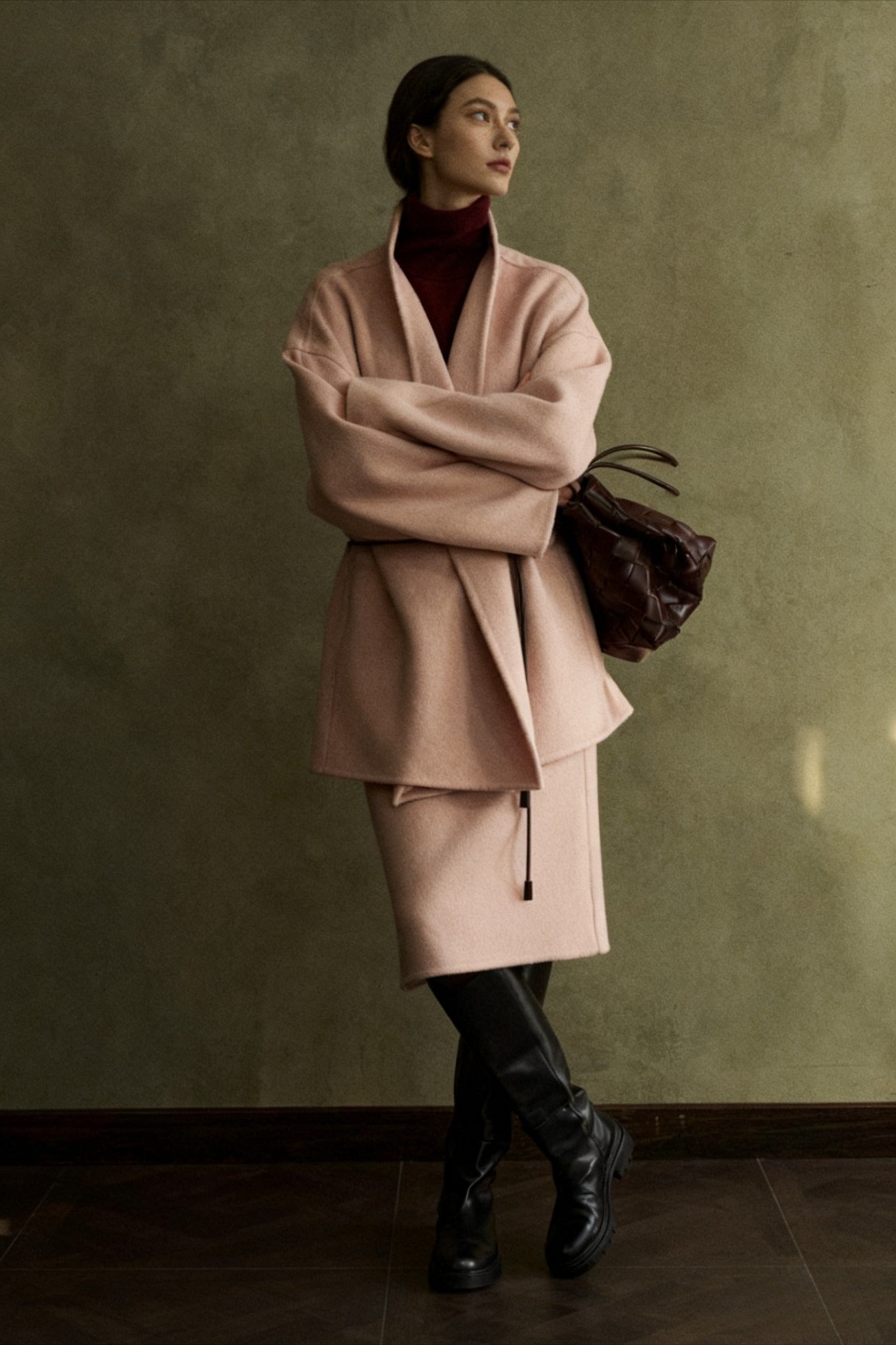 Wool blend double-faced fabric mid-length coat