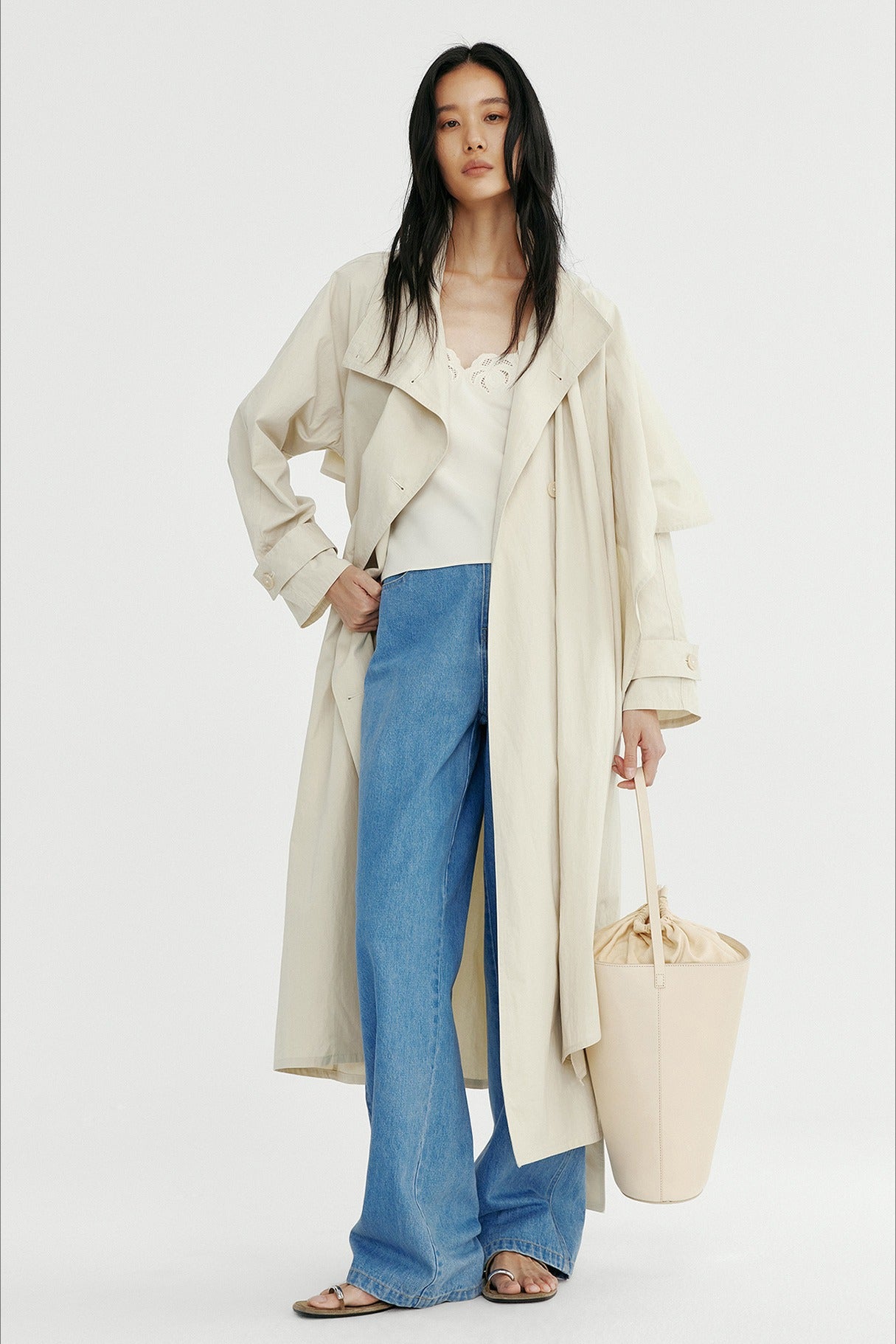 Cotton blend crinkled surface cape trench coat | 2 color