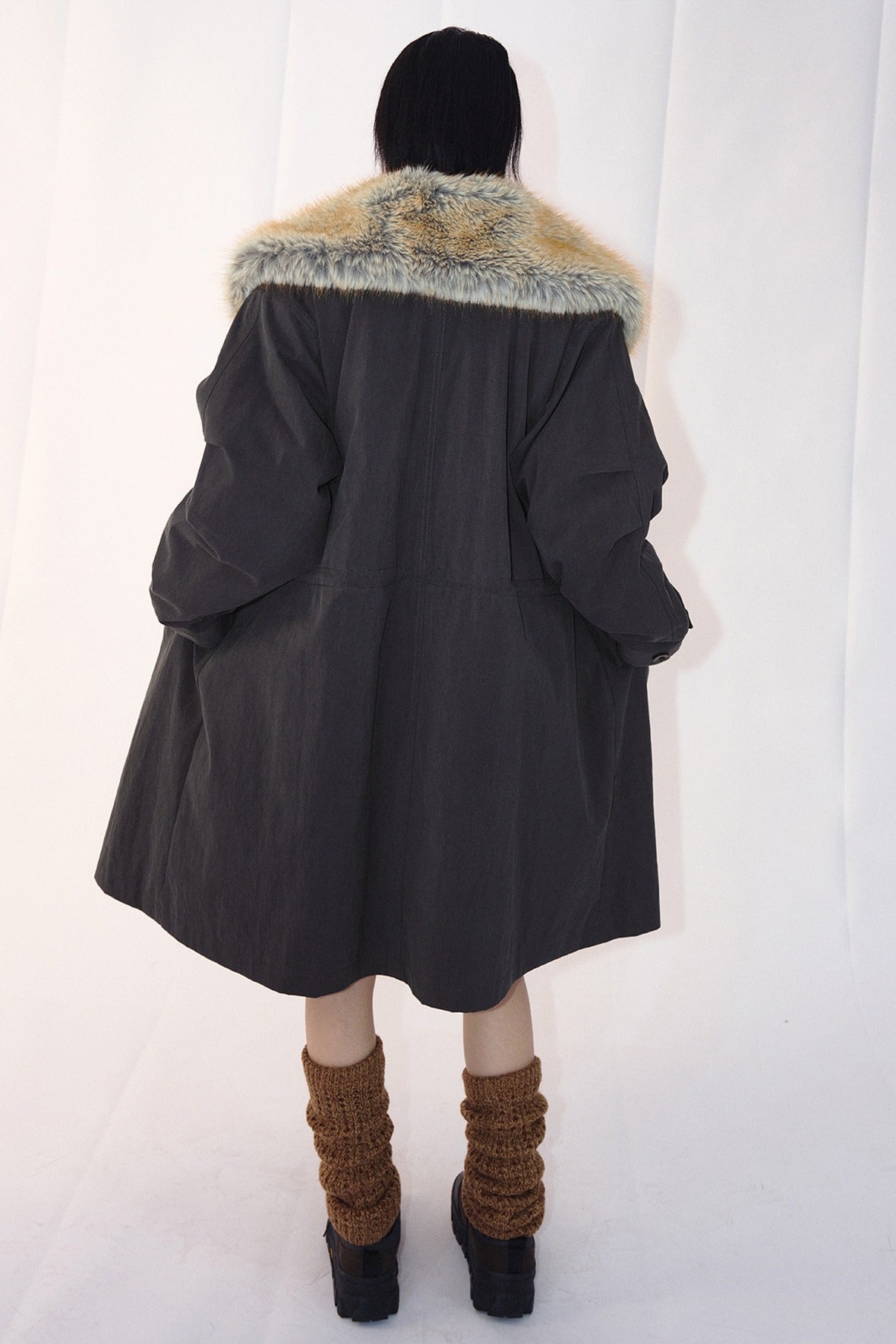 Cotton blend detachable faux fur collar padding parka coat | 2 color