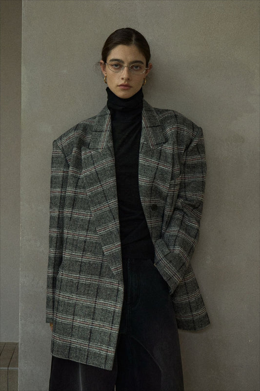Wool containing plaid pattern super loose blazer | 2 color