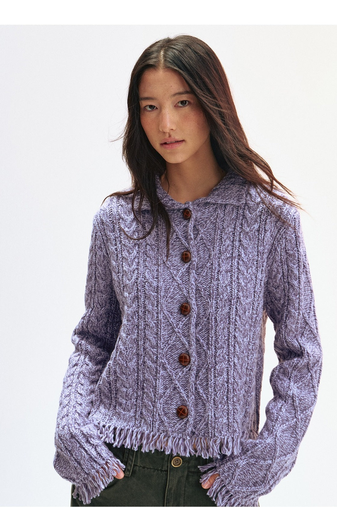 Color mix cable fringe trim cardigan | 3 color