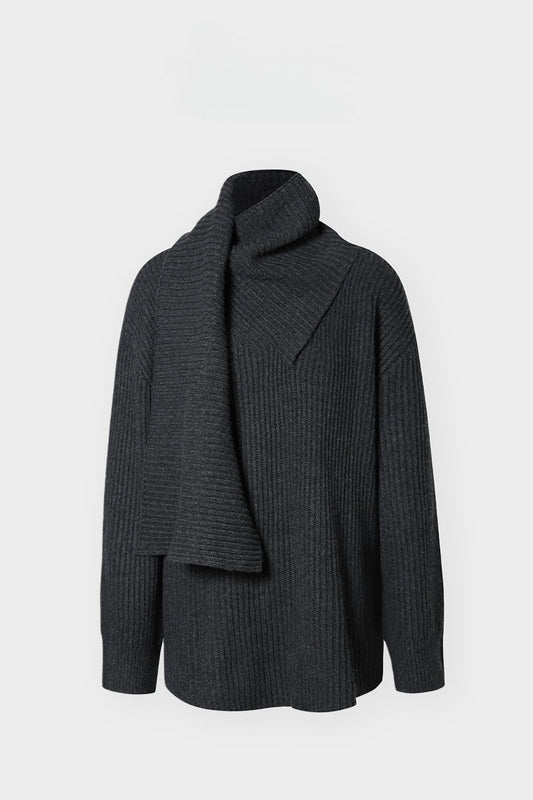 Wool blend scarf collar ribbed sweater | 2 color