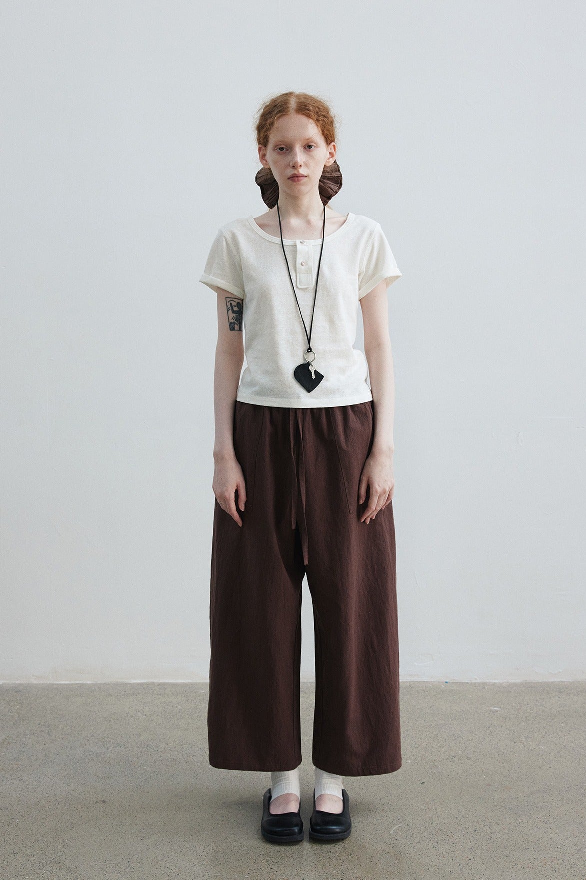 Cotton blend linen sickle shape wide-leg 8/9 pants | 4 color