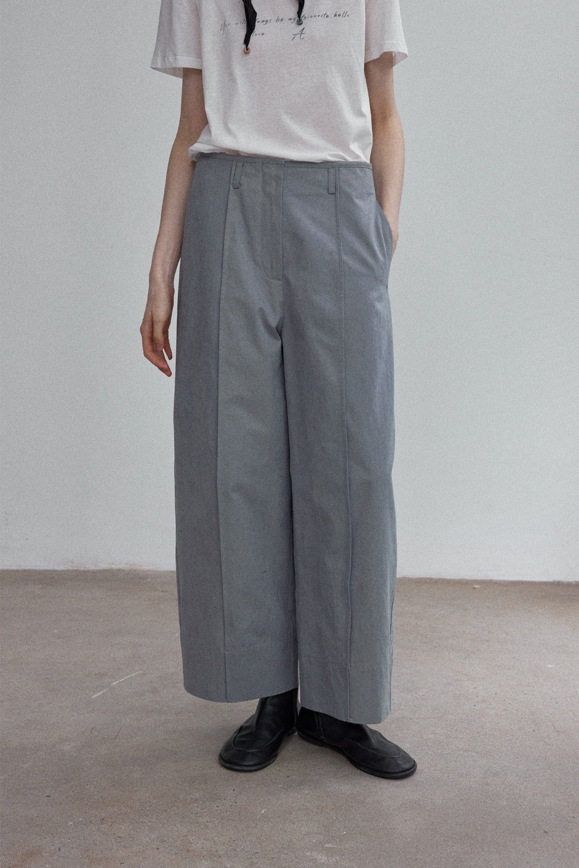 Cotton blend wide-leg slight curved pants | 4 color