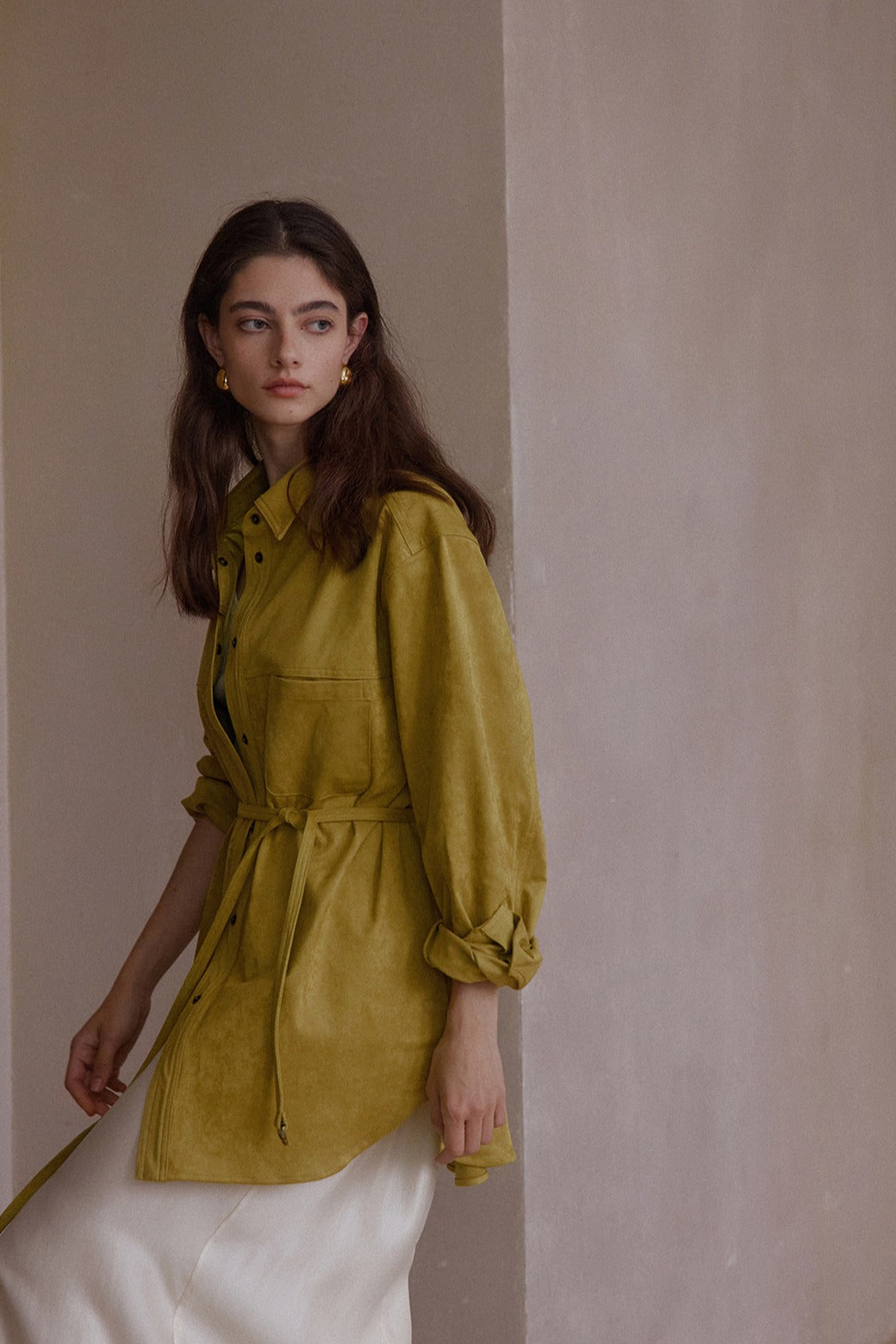 Elastic mid-length suede feel drawstring waist shirt-jacket | 3 color