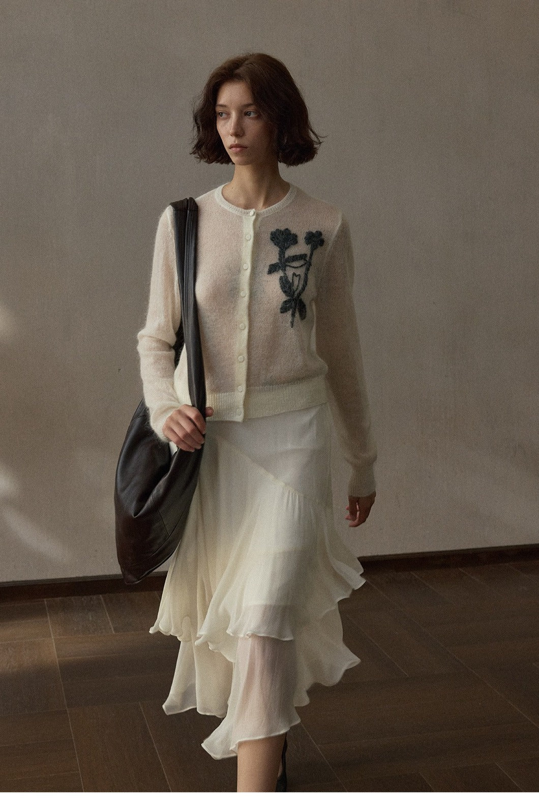 Soft wool-blend mohair embroidery cardigan | 3 color