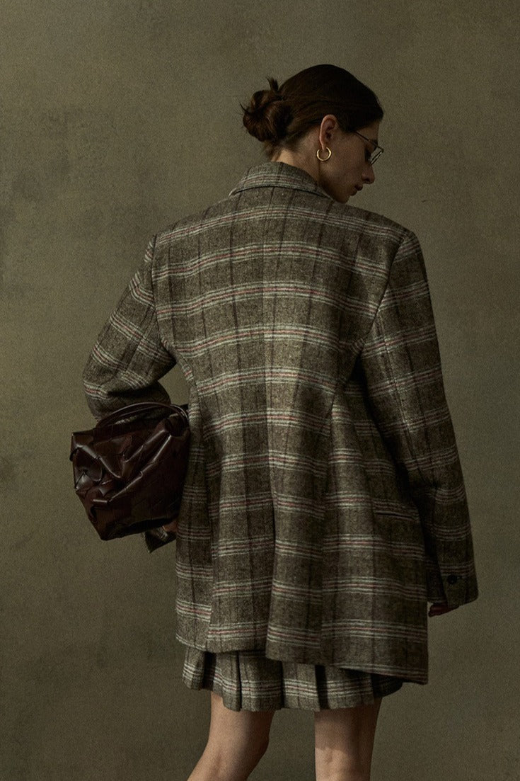 Wool containing plaid pattern super loose blazer | 2 color