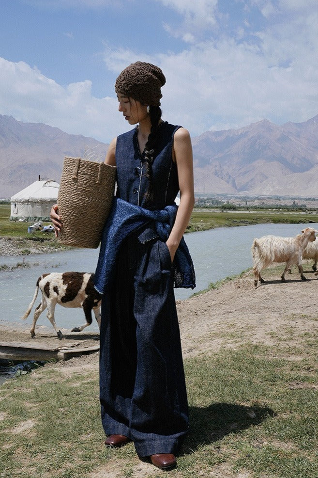 Linen-Cotton Raw-Edge Indigo Vest