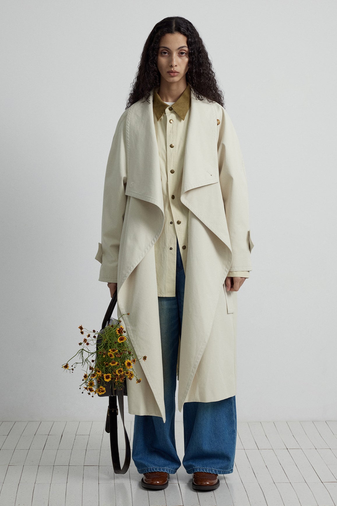 100 cotton wide flipped collar oversized trenchcoat | 3 color