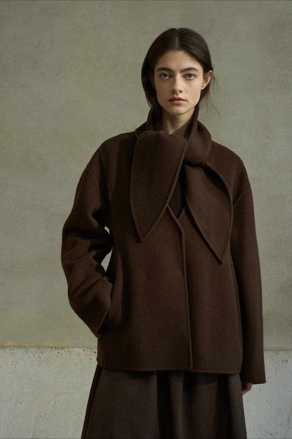 100% wool silhouetted V neck jacket with a scarf | 5 color