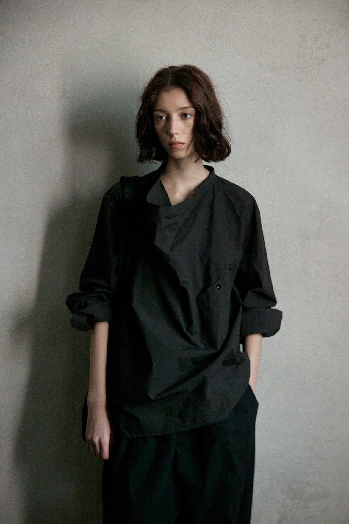 Cotton relaxed swing collar shirt