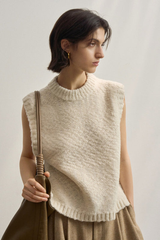 Wool round-neck textured knit vest | 2 color