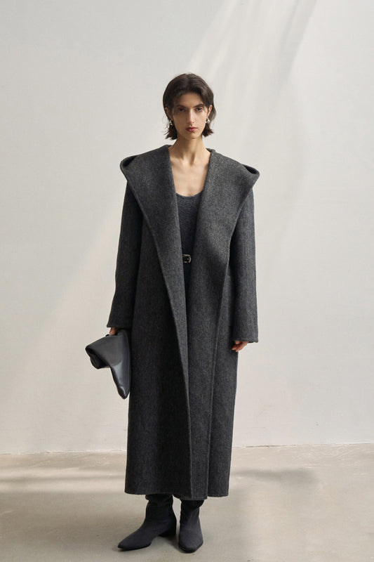Wool blend alpaca double-sided hooded over coat dark grey