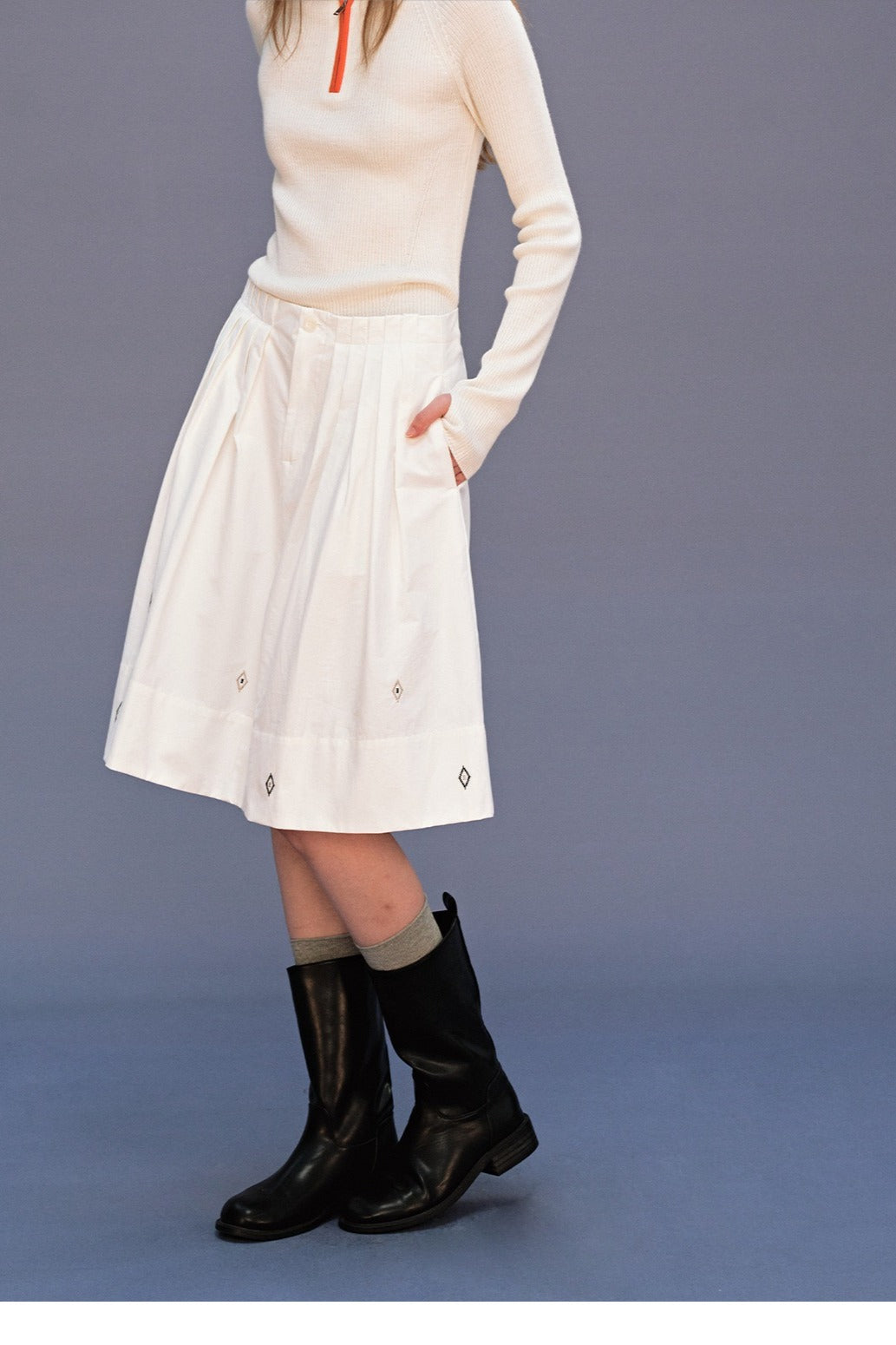 Casual cotton-blend embroidery midi skirt | 2 color
