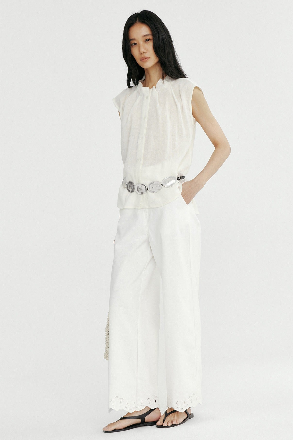 Woolen pleated collar petite fly sleeve sheer top