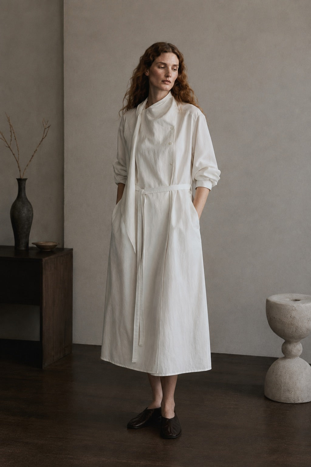 Tencel scarf-neck maxi dress coat | 2 color